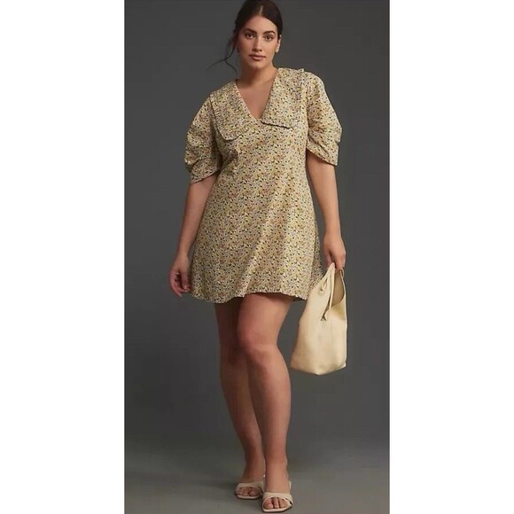 By Anthropologie Peter Pan Collar Yellow Floral Mini Dress Sz 14 - Picture 6 of 6